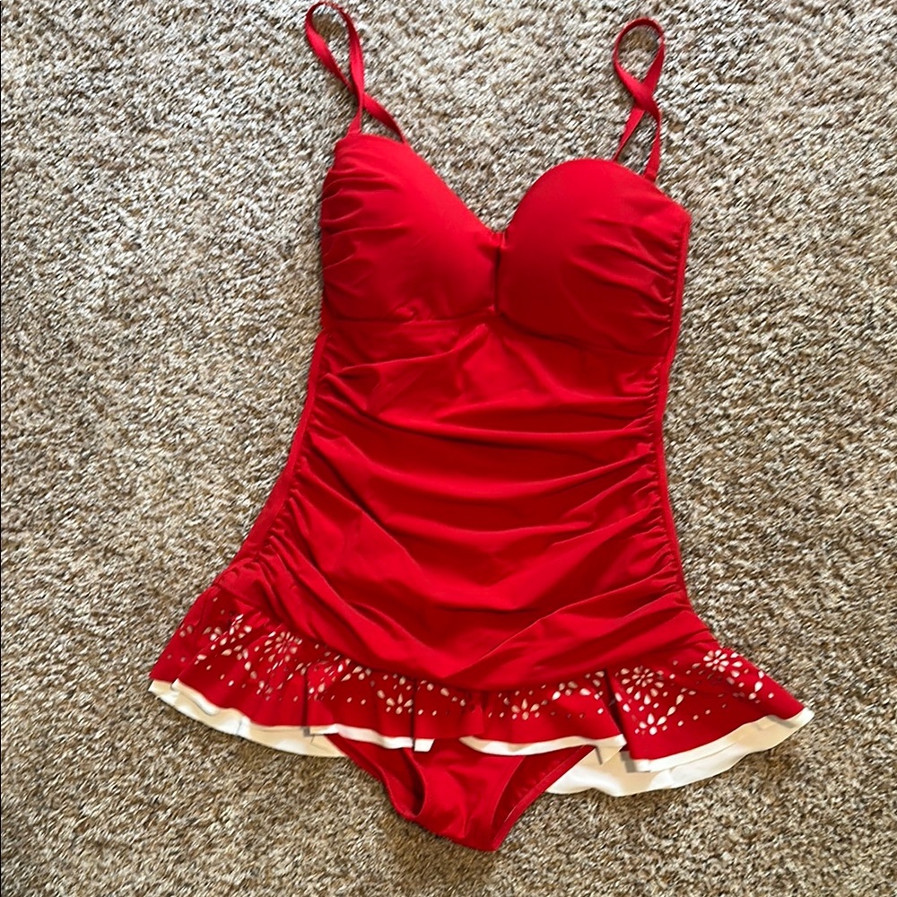 Profile By Gottex Red and White One Piece Swimsuit with Ruffle Detail